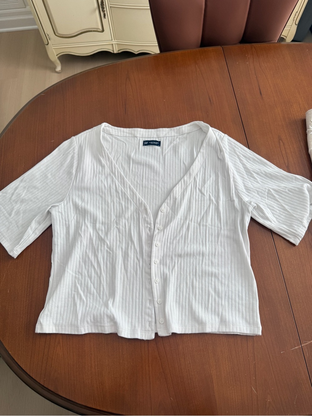 GAP White Ribbed Button-Front Short Sleeve Top